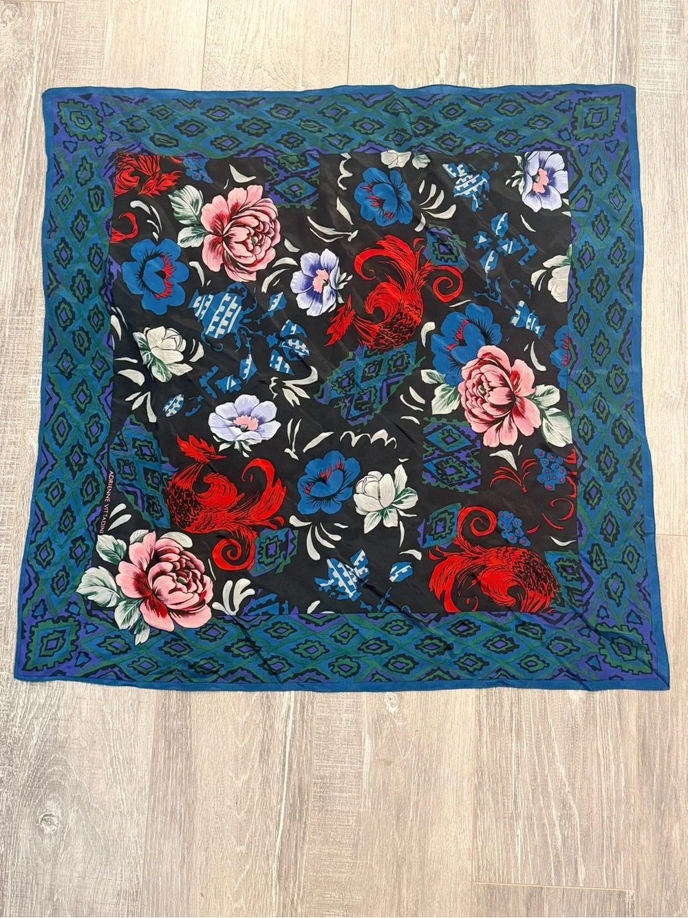 Vintage Adrienne Vittadini Silk Black Floral Square Scarf